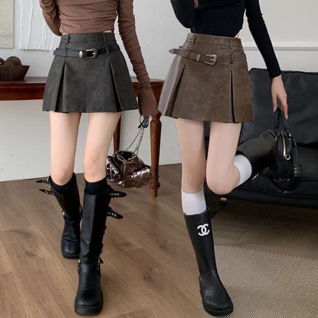 american Retro Hot Girl a-line Skirt Women's 2024 autumn New High Waist pu Leather Skirt Hip Skirt Distressed Short Skirt