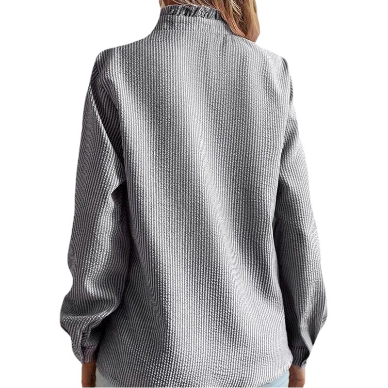 Cross-border in stock European and American ladies 2023 autumn Amazon new striped ruffled long sleeve bubble shirt women