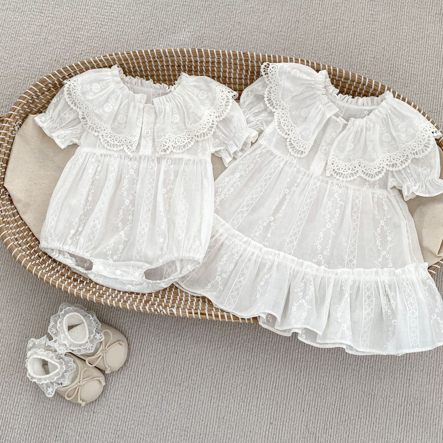 Picture of INS Summer New Sweet Girls Lacy Collar Thin Bag Fat Clothes Climbing Clothes for Baby Girls Korean-style Hakai Sisters