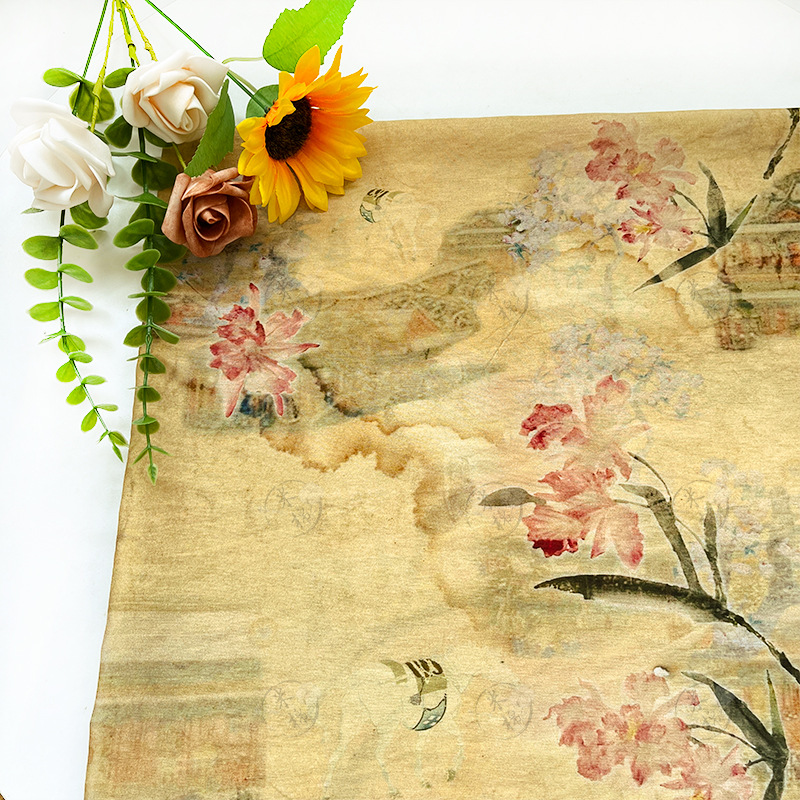 Ember yellow paper flower new Chinese number cheongsam dress top Hanfu fabric code printed fabric brocade cotton fabric