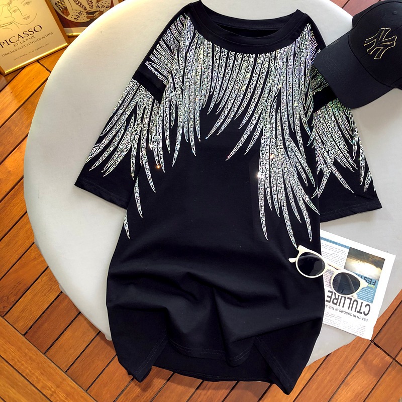 Super plus size 1.00 kg-150.00 kg chubby girl Heavy Industry Bright Diamond Feather Wings Short-sleeved T-shirt Women's Black Age-reducing All-match Top Trendy