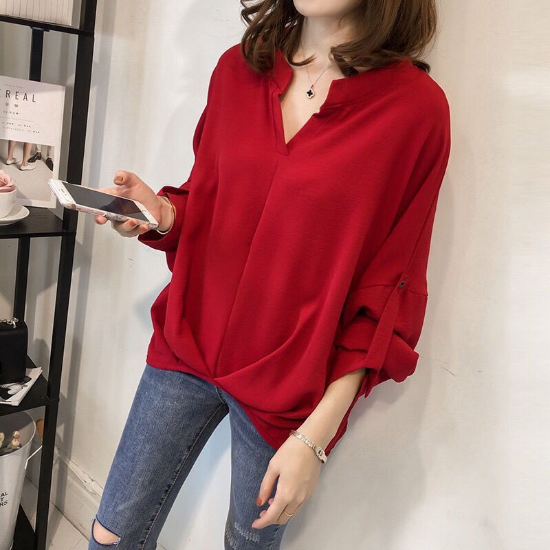 Spring New Korean style loose plus size batwing sleeve shirt women's long-sleeved shirt simple casual lining 2024