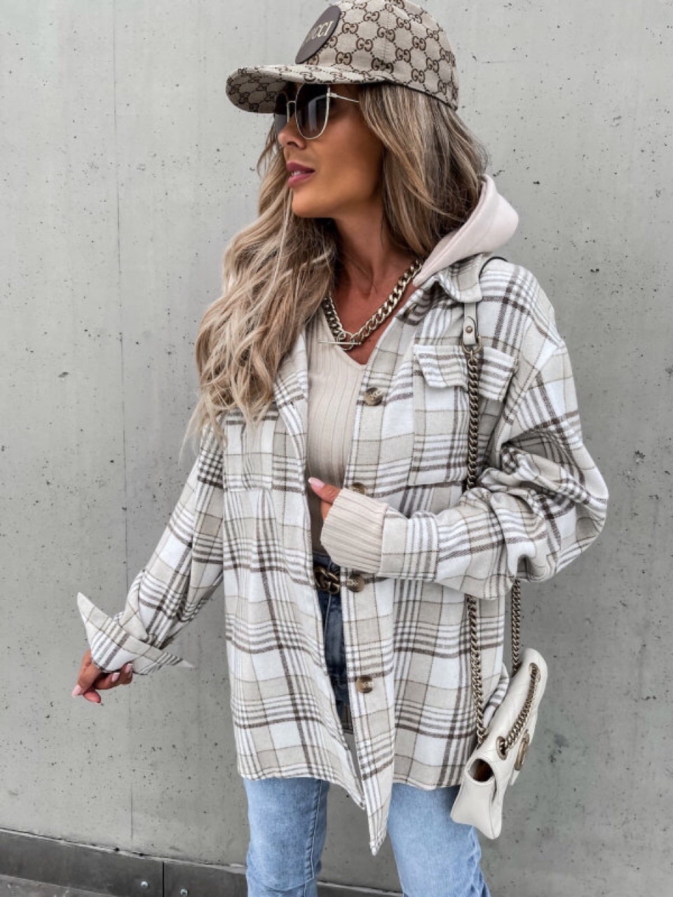 Picture of Ins Hot Autumn European and American Laps Loosen Women's Hooded (Removable) Plaid Woolen Jacket