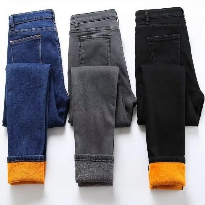 Fleece-lined jeans women's winter high waist slimming black skinny trousers cold-proof warm stretch pencil cropped pants