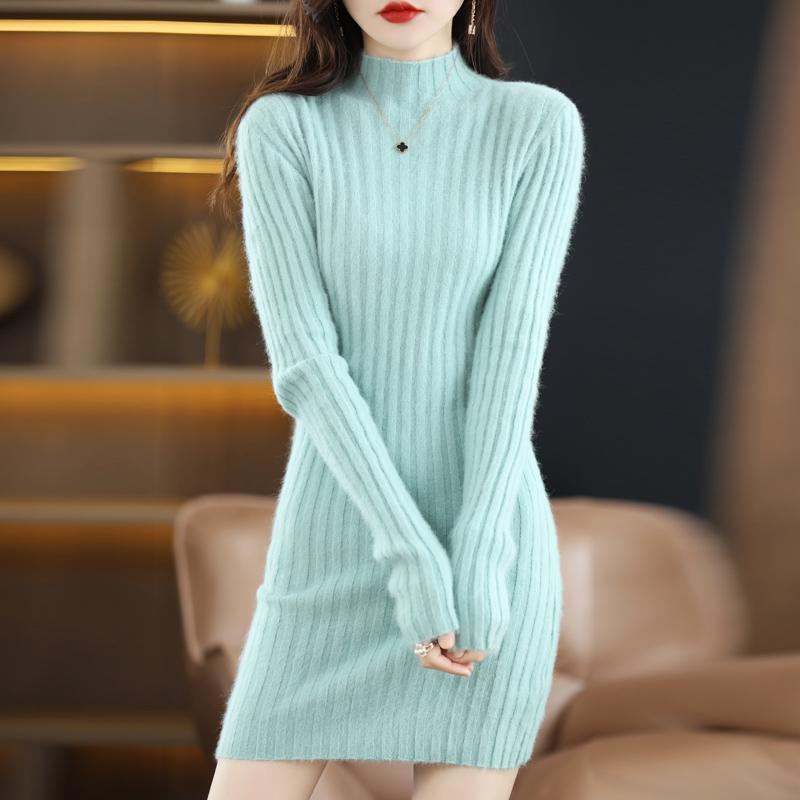 Autumn and Winter Mink Velvet Sweater Women's Half-turtleneck Slim-fit dress Slimming Mid-length Pullover Korean Knitted Base Shirt