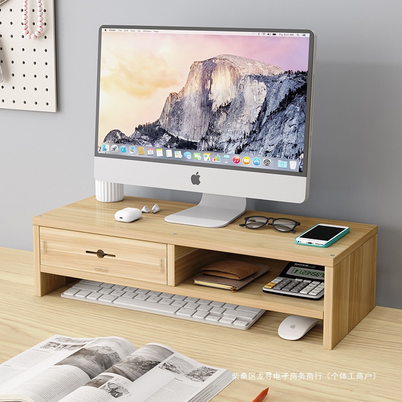Computer monitor screen heightened shelf base desktop keyboard organization storage shelf tray stand raised and raised