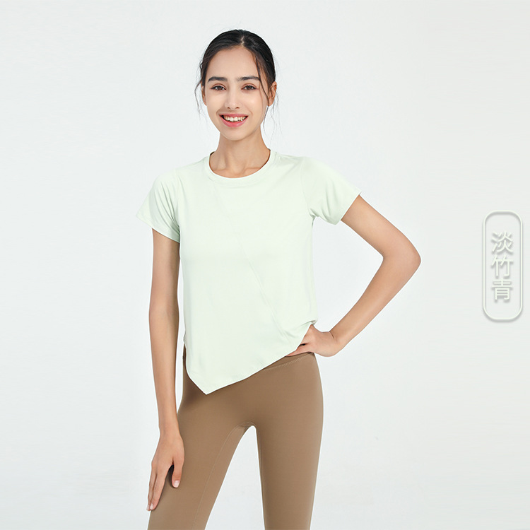 Picture of Big Sale Summer Loose Fitness Sports Short-Sleeved Women's T-Shirt European and American Pure Color Quick-Drying Asymmetrical Yoga Top Cover-Up