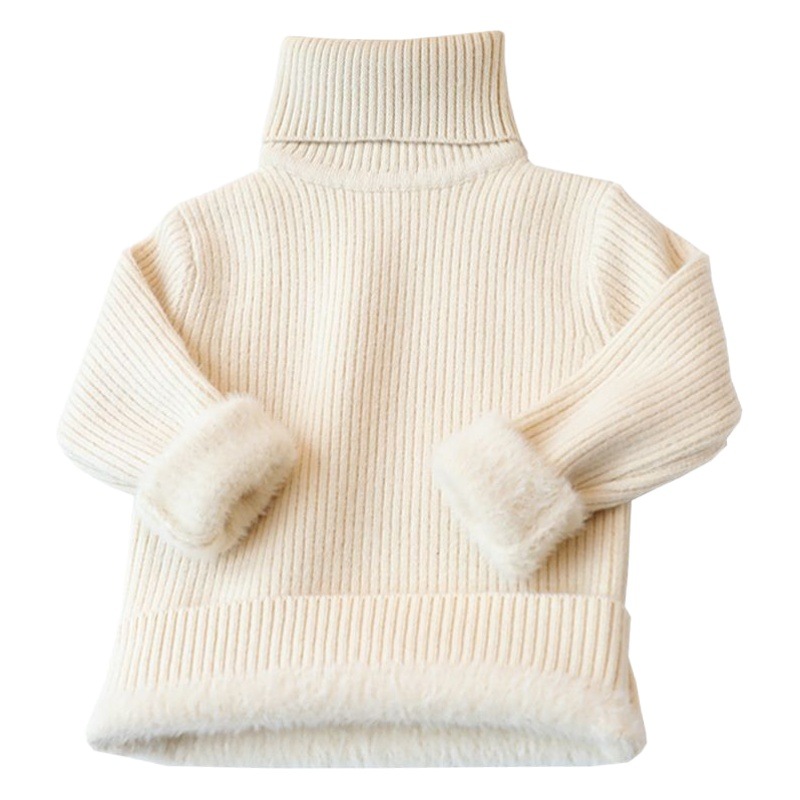 [in stock boys' one-piece velvet sweater children's semi-turtleneck sweater girls white fleece-lined thickened wool low