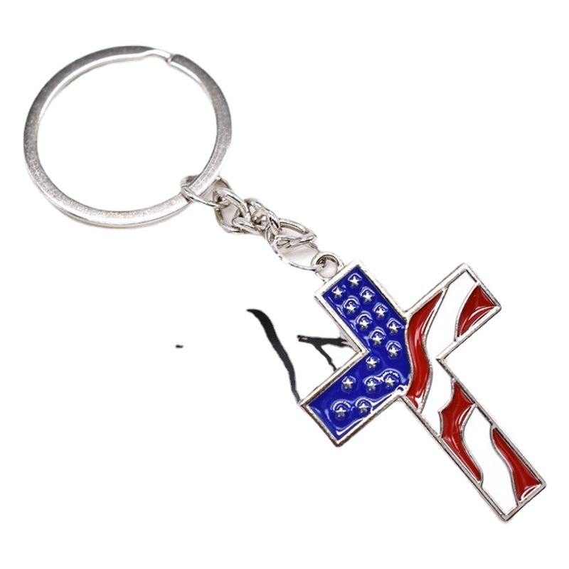 Fashion simple American flag cross keychain flag color drop oil Blue Red white zinc alloy key ring