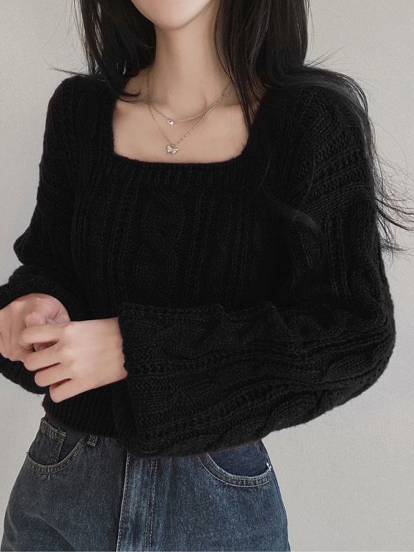Picture of Korean style retro twist square collar pullover long sleeve sweater women's autumn and winter New loose short lazy style knitted top