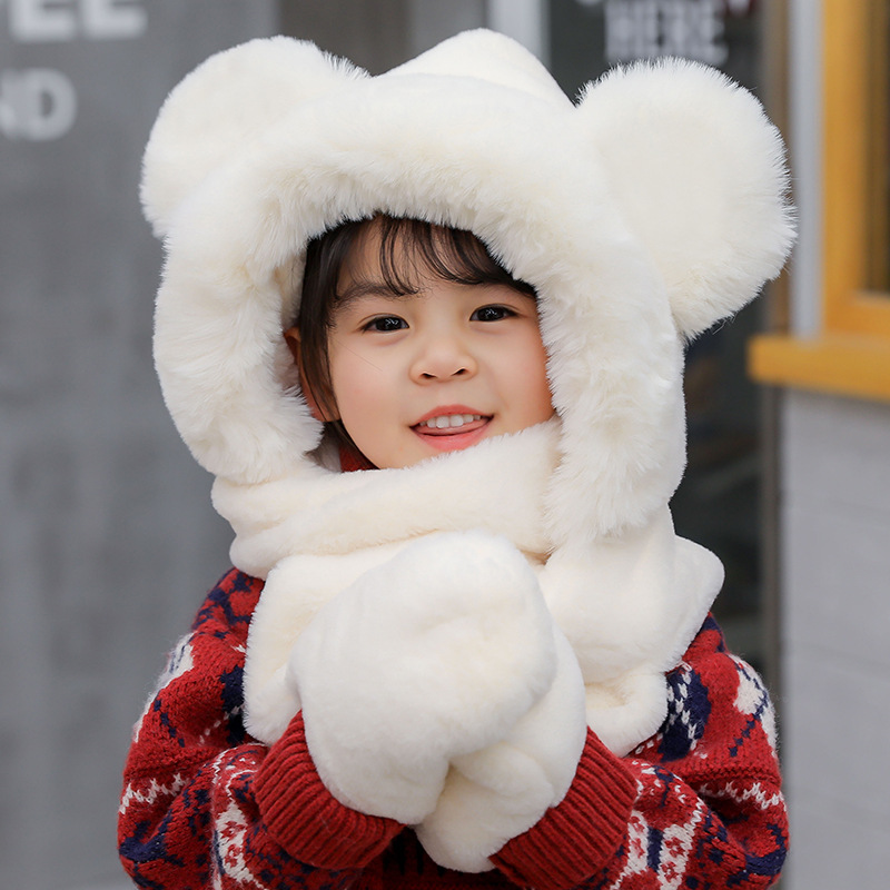 Picture of Children's hat winter boys and girls fleece-lined bear cute ear cap scarf gloves one-piece thick warm three-piece set