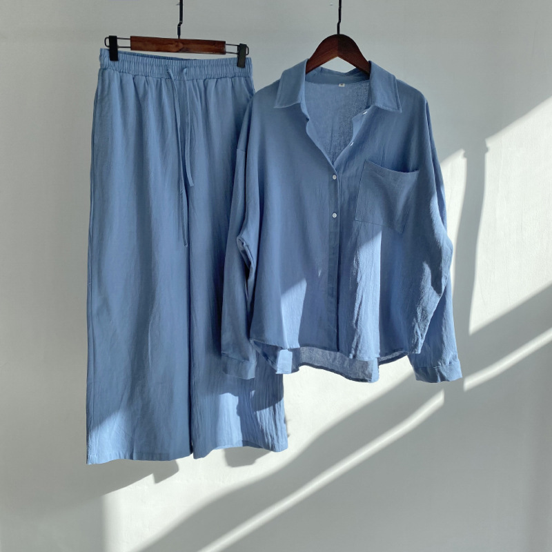 Picture of Cross-border Amazon Women's 2-piece Vintage Plus Size 2022 Cotton and Linen Shirt suit High Waist Loose Trousers
