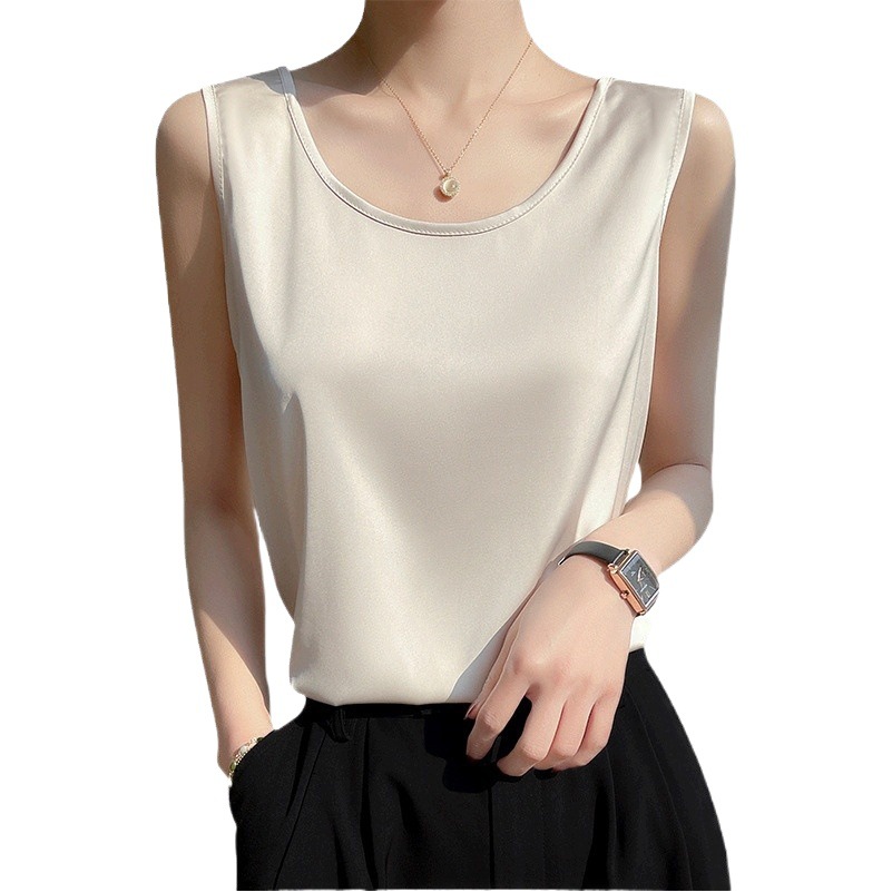 Acetate satin low round neck sling women's summer new fashion all-match clean vest skin-friendly cool sleeveless top