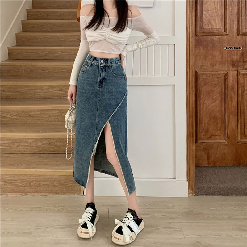 Niche High Waist Split Skirt Women's ins Style Retro Mid-length Irregular Denim A- line Hip Skirt