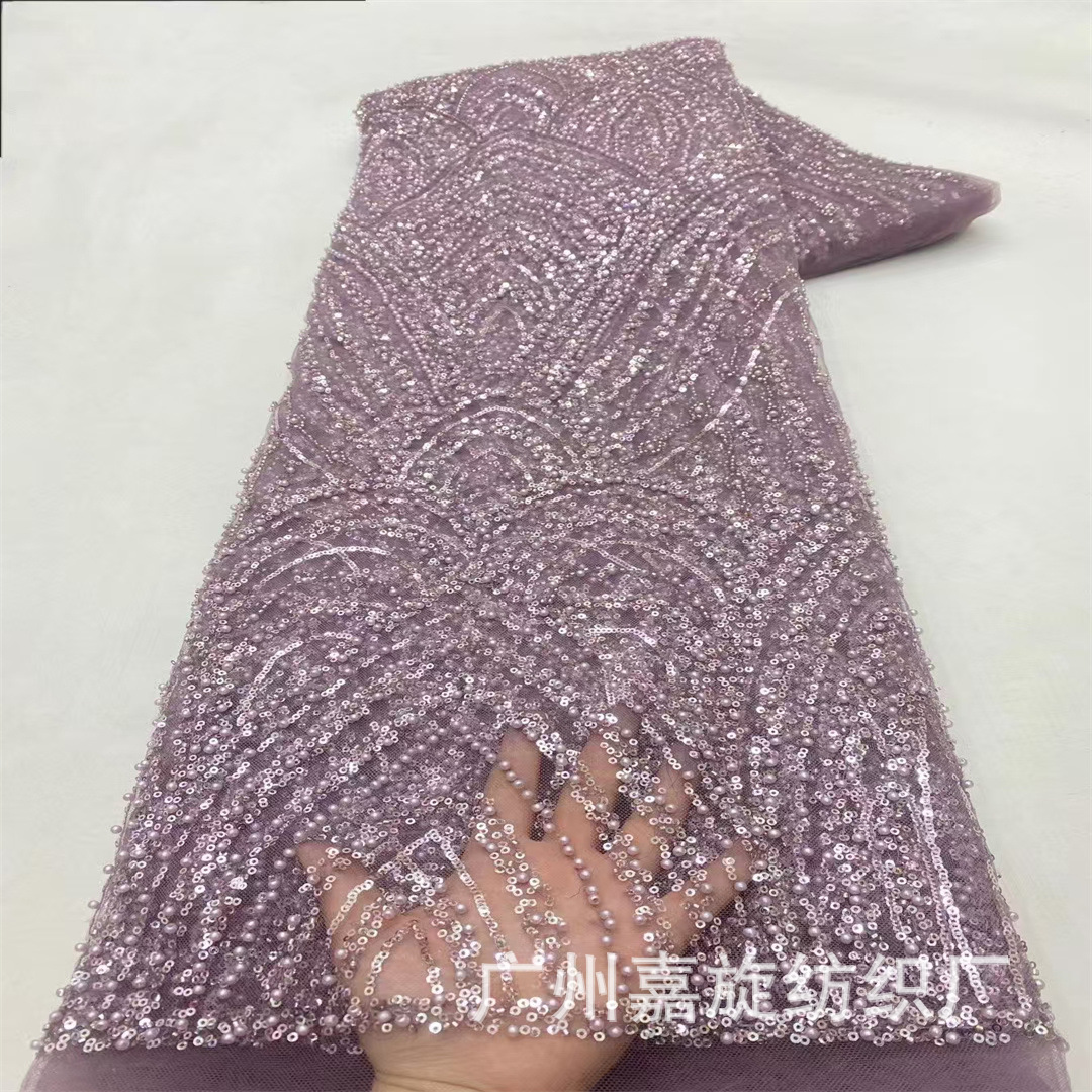 Beaded Lace European and American Geometric Flower Pattern Bead Tube Sequin Embroidery Fabric Wedding Dress Tail Skirt Han Dynasty Lace