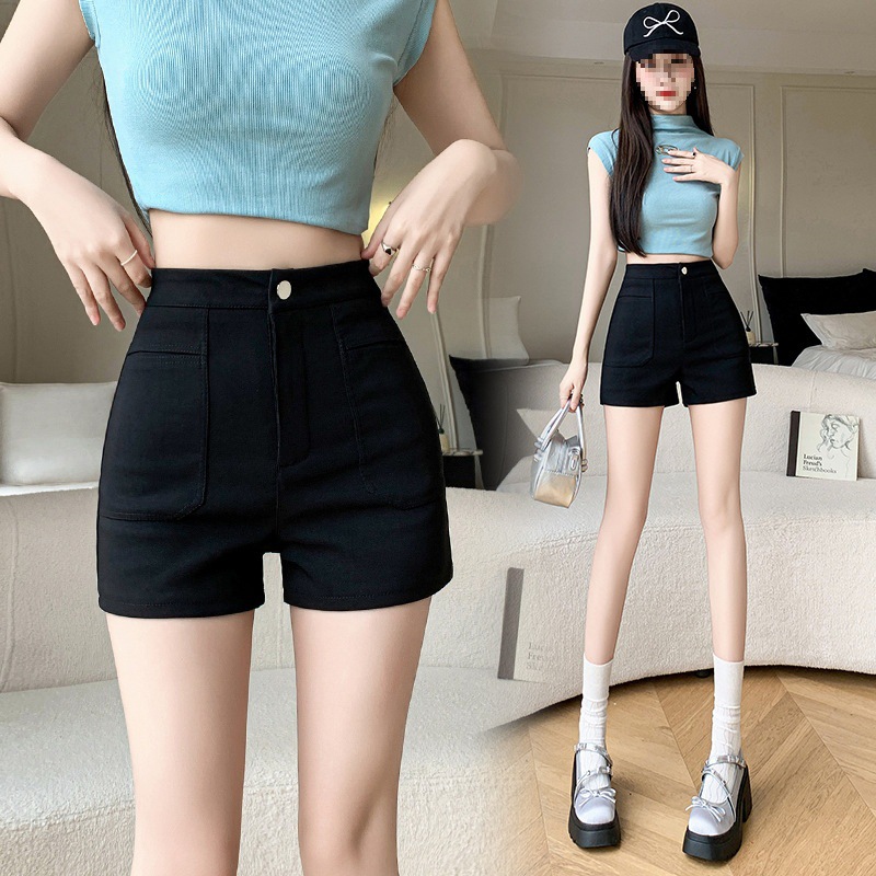 2024 Summer Thin High Waist Slim Elastic Shorts Outer Wear Base Polyester Phone Pocket Youth Hot Pants