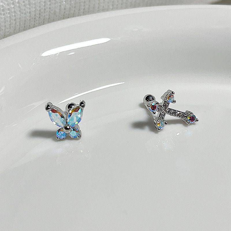 Colorful Zircon Butterfly Cross, Sweet and Cool Earrings, Super Fairy Screw Ear Bone Nails, Niche Elegant, Sexy Earrings for Women