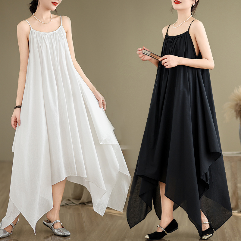 Picture of Black and White Minimalist Irregular Hem Sling Long Dress Children's Loose Beautiful Travel Photoshoot Sleeveless Solid Color Cotton and Linen dress