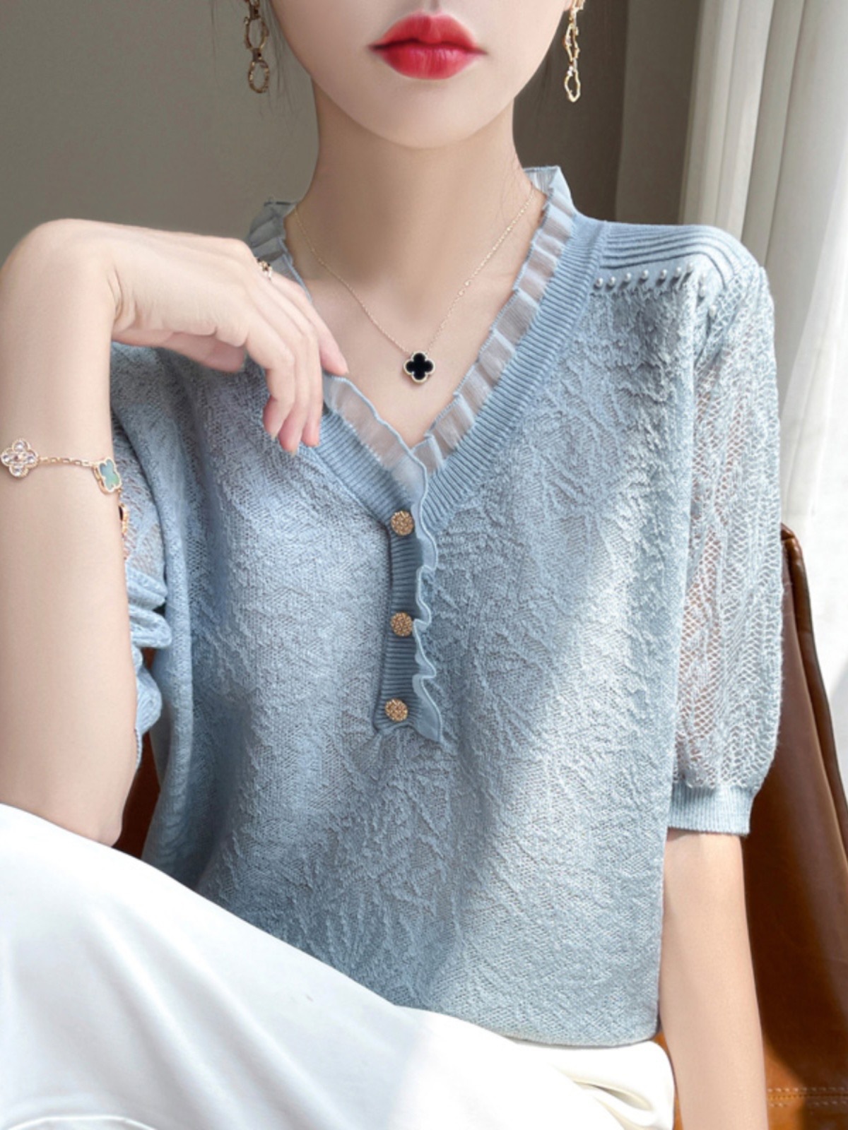 Picture of French Crochet Cut Out V Neck Beading Design Ice Silk Knitted Short-Sleeved T-Shirt for Women Casual Loose Versatile Top