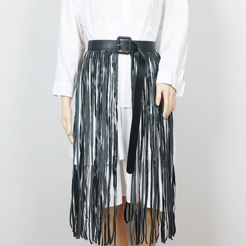 Rock PU tassel belt hot girl head sexy skirt black skirt Street stage catwalk accessories fashion