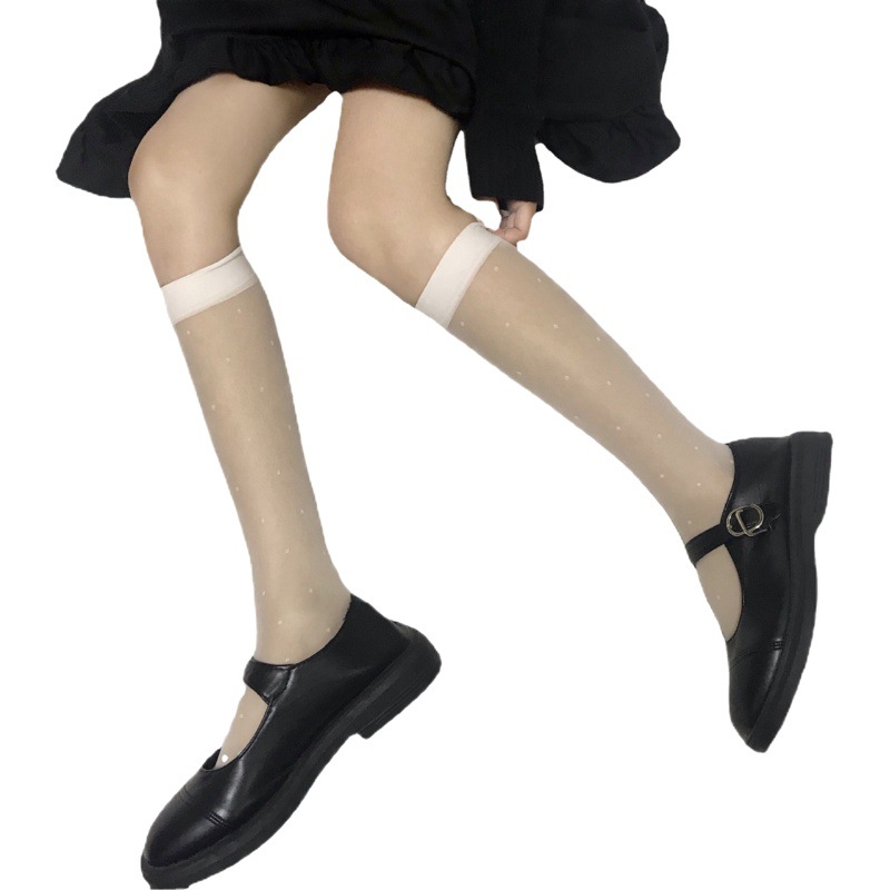 Small polka dot mid-tube socks ultra-thin core-spun silk versatile classic calf socks shuiii same style polka dot piled socks for children