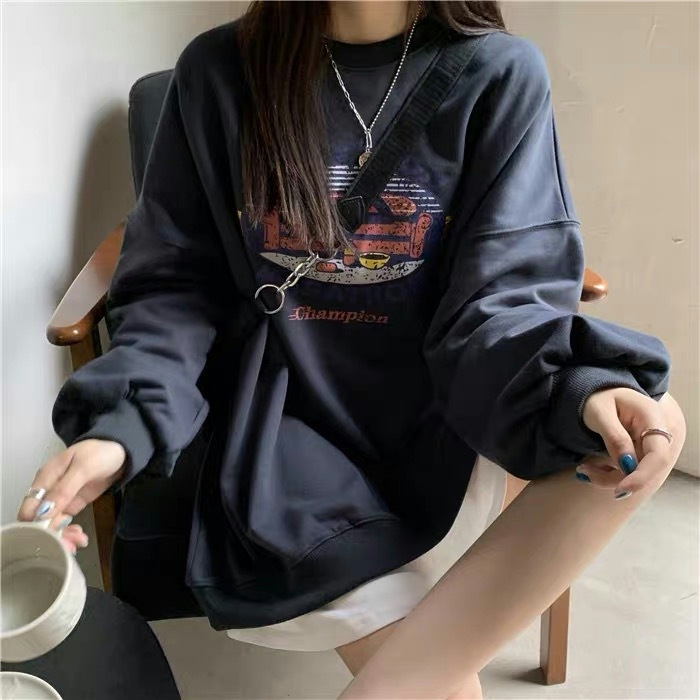 Picture of American Style Retro Printed Round Neck Sweater Women's Autumn Clothing Student Base Shirt Regular Casual Loose Top Thin Trendy