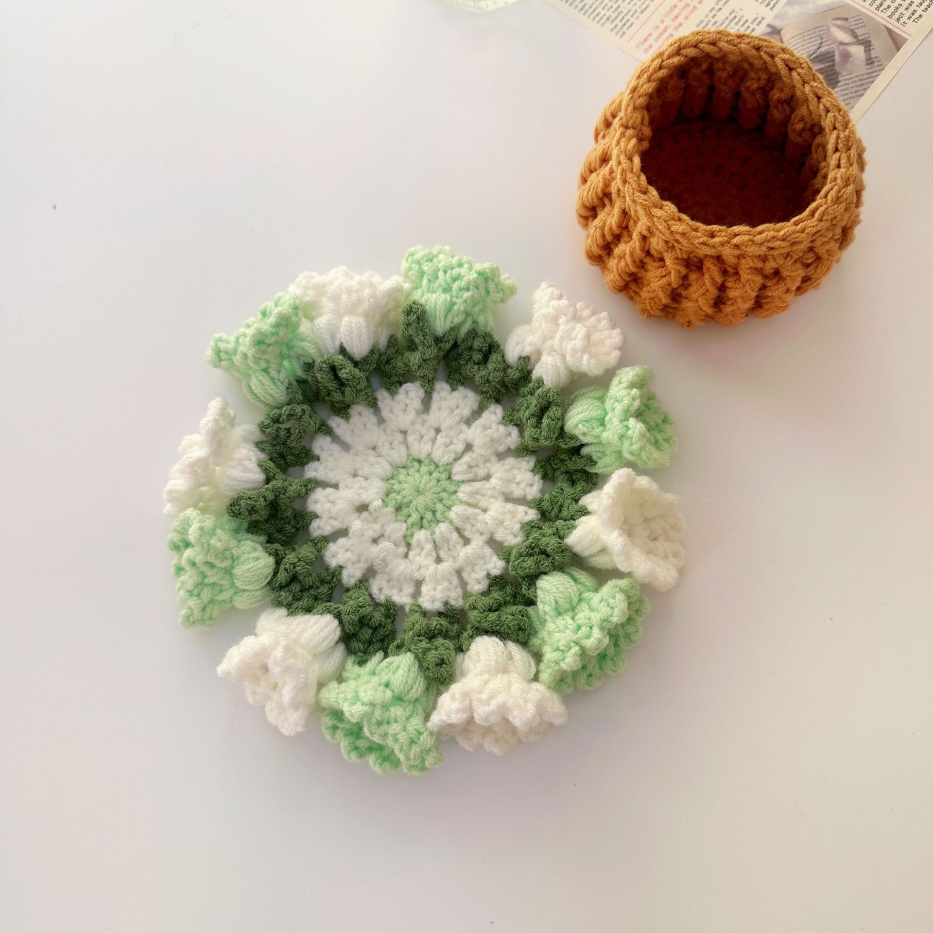 Picture of Beginner Handmade Weaving DIY Materials Kit, Yarn, Crochet, Lily of the Valley Gradient Coaster Gift for Girlfriend