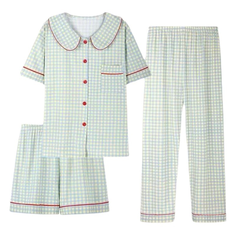 Three-piece Pajamas Women's Summer 2024 New Short-sleeved Trousers Internet Popular Ins Style Plaid Home Suit Premium Sense