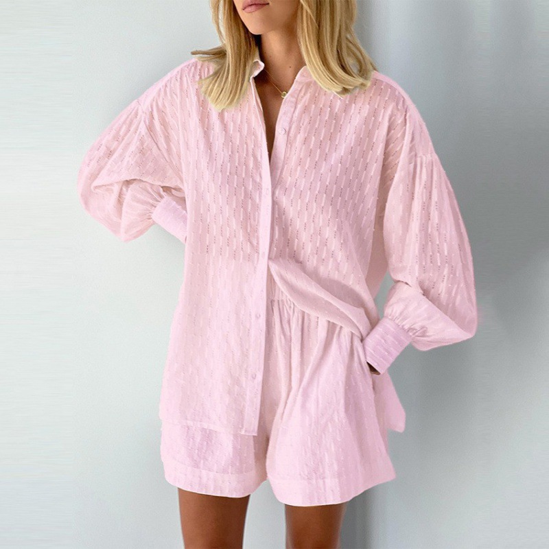 Picture of 2025 Amazon European and American Shirt Jacquard Bubble Sleeve Temperament Top Shorts Commuter Design Leisure suit