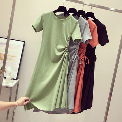 Aocado Green Dress 2023 Summer New ins Tight Waist Slimming Drawstring Stylish Korean Style Student T-Shirt Dress for Children