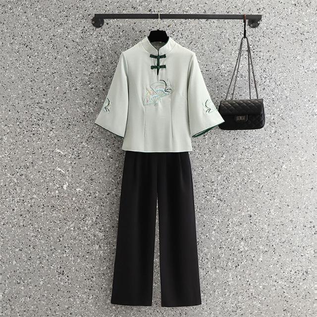 Republic of China Style Vertical Collar plus size Slimming Tang Suit Chinese Embroidery Retro Elegant suit Wide Leg Pants Two-Piece Set for Summer