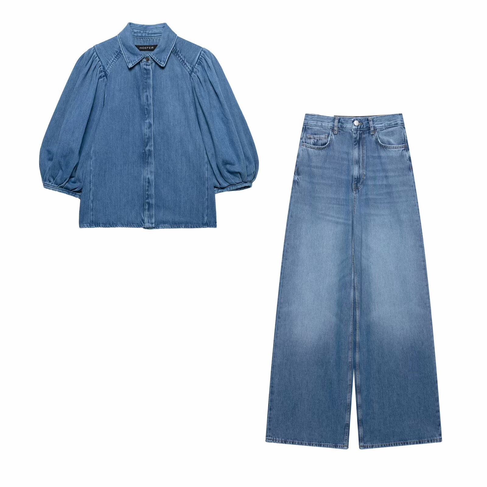 ZA cross-border women's clothing wholesale Denim commuter two-piece long sleeve casual shirt straight leg pants 5216053