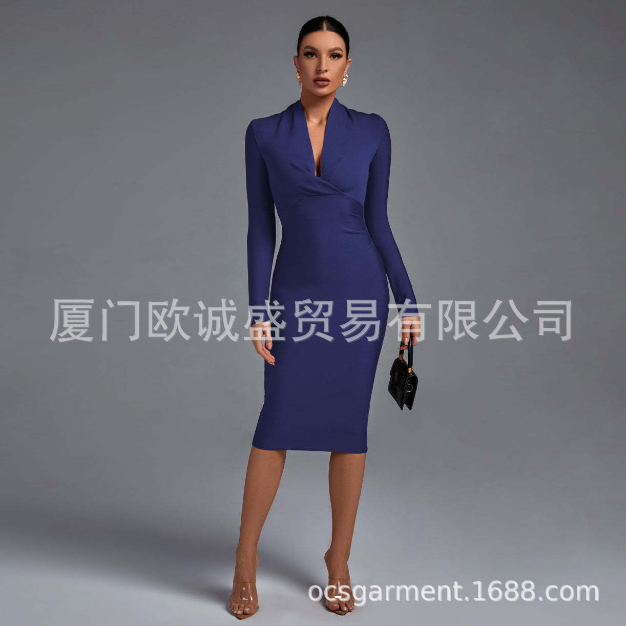 Bandage dress European and American new women's long sleeve V-neck waist hip solid color temperament bandage dress