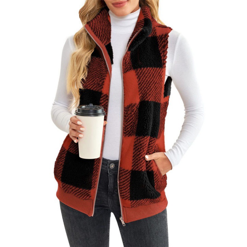 Picture of Spring and Autumn Coat Spring and Autumn Plaid Comfortable Velvet Cardigan Stand Collar Vest Coat Cross-border Women's Clothing