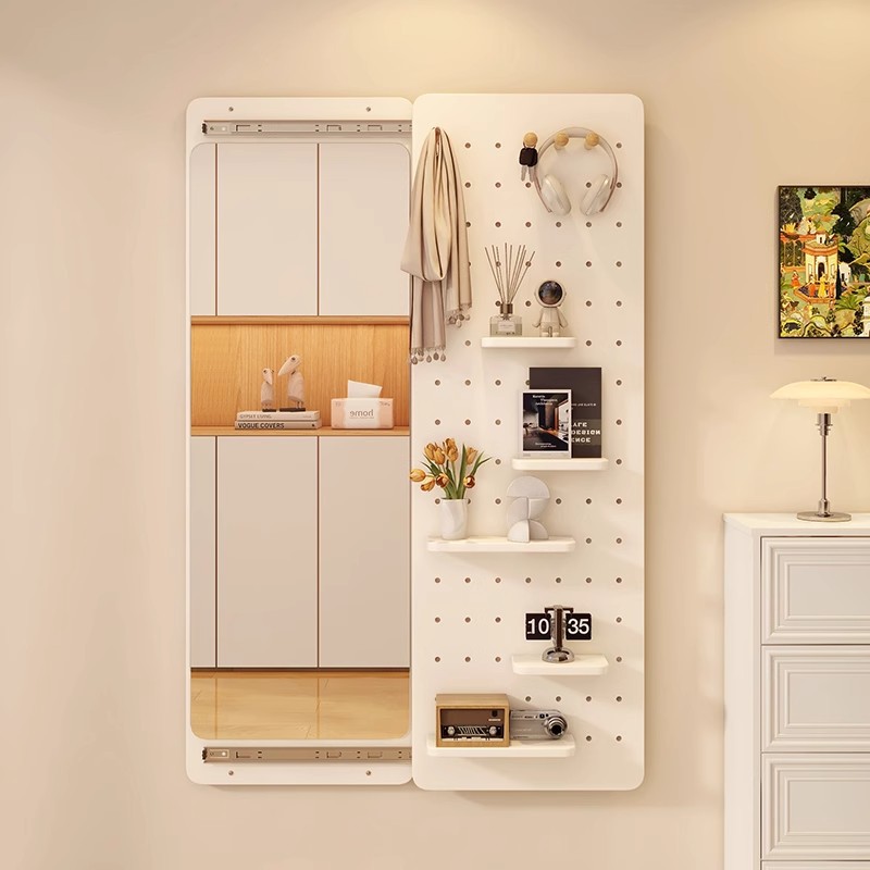 Invisible dressing mirror with sliding sliding to close and conceal the hidden full-length mirror, can be concealed against the wall-mounted pegboard entryway fitting mirror