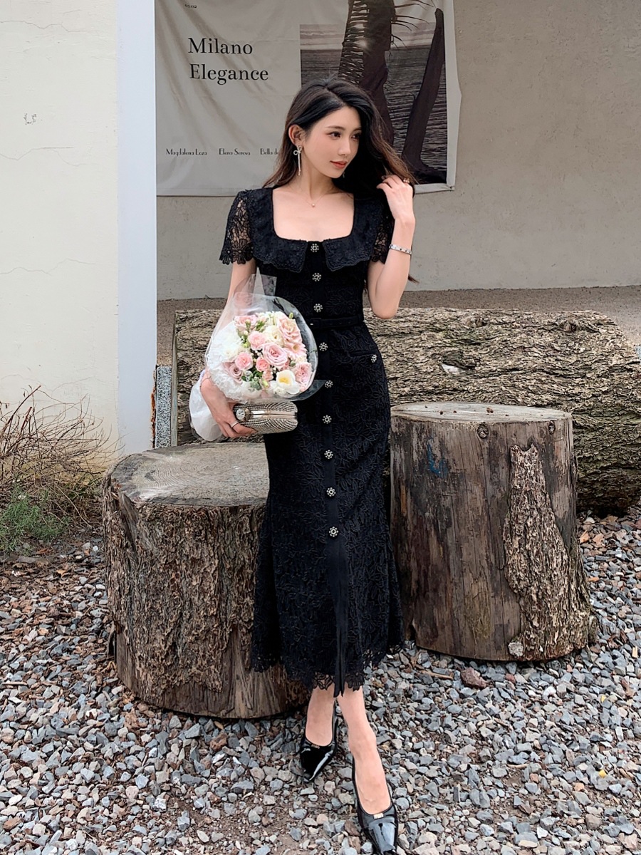 Summer New Women's Sexy Lapel Heavy Lace Dress High Waist Slim Short-Sleeved Long Skirt Blue Black