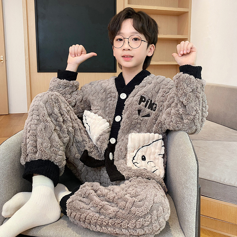 Picture of Children's coral fleece pajamas for boys autumn and winter 2024 new winter jacquard fleece home clothes for teenagers and little boys