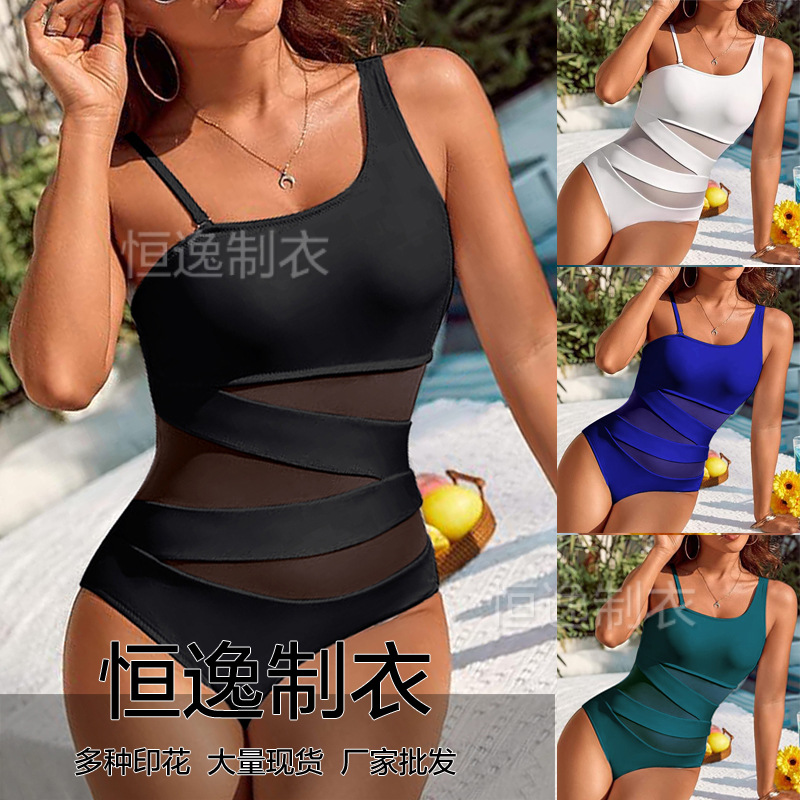 2024 new stitching gauze one-piece swimsuit women's thin belt oblique shoulder conservative bikini cross-border for a generation of hair