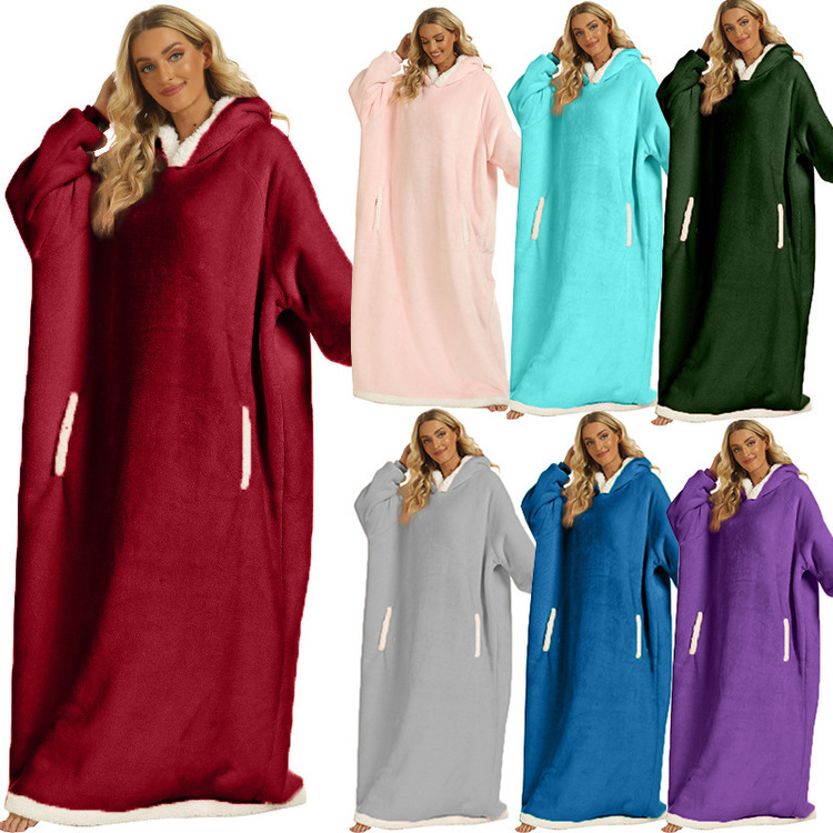 Cross-Border Hooded Wearable Blanket Winter Extended 150cm Blanket Side Pocket Lazy Blanket Flannel Lamb Wool