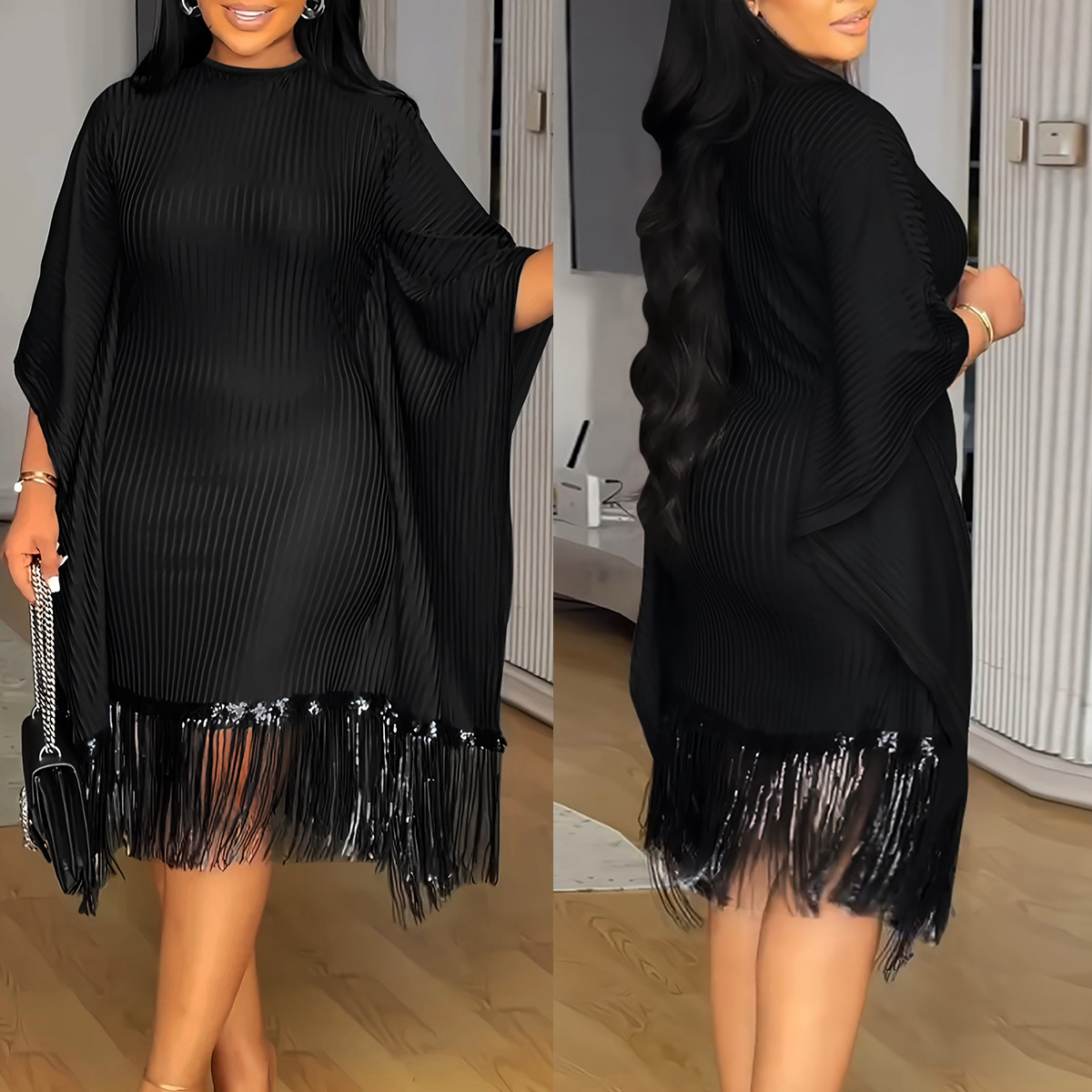 Cross-border Amazon European and American Spring and Autumn Women's Long Fashion Elegant plus size Stitching Tassel dress
