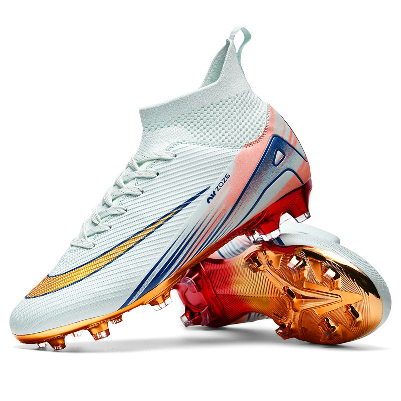 Cross-border Wholesale High-top Football Shoes Boys New Student Spike Broken Nail Gold Plated Plated Bottom Competition Training Shoes