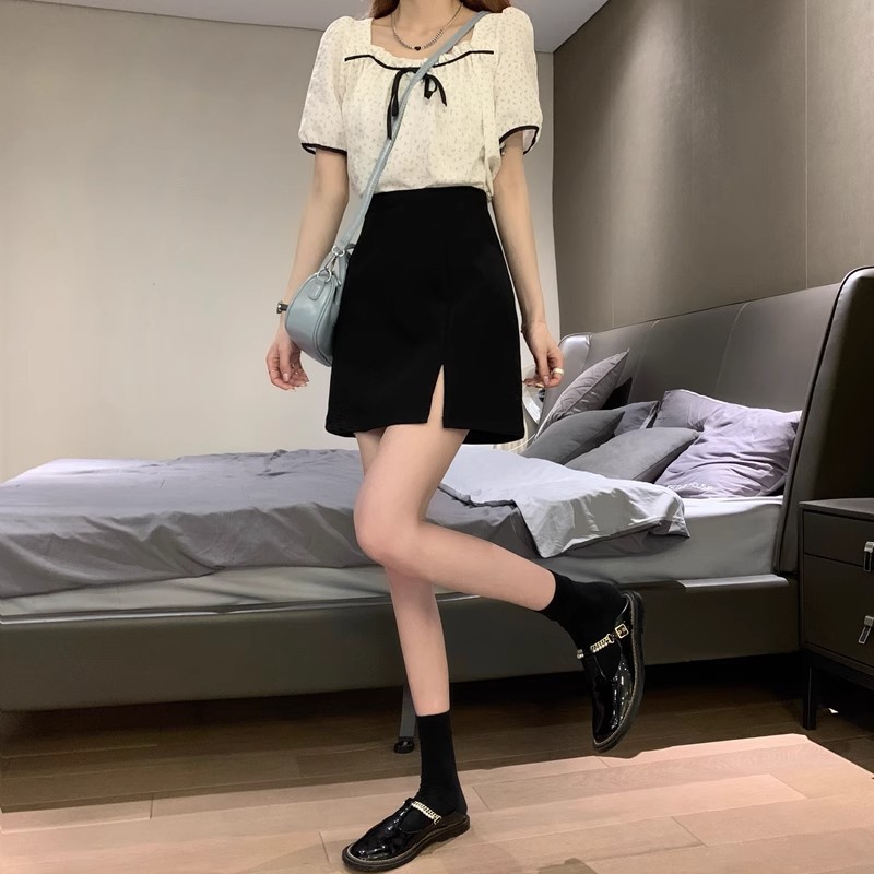 Chubby Girl black high waist split A- line skirt for women spring/summer 2023 new solid color versatile slimming sheath skirt