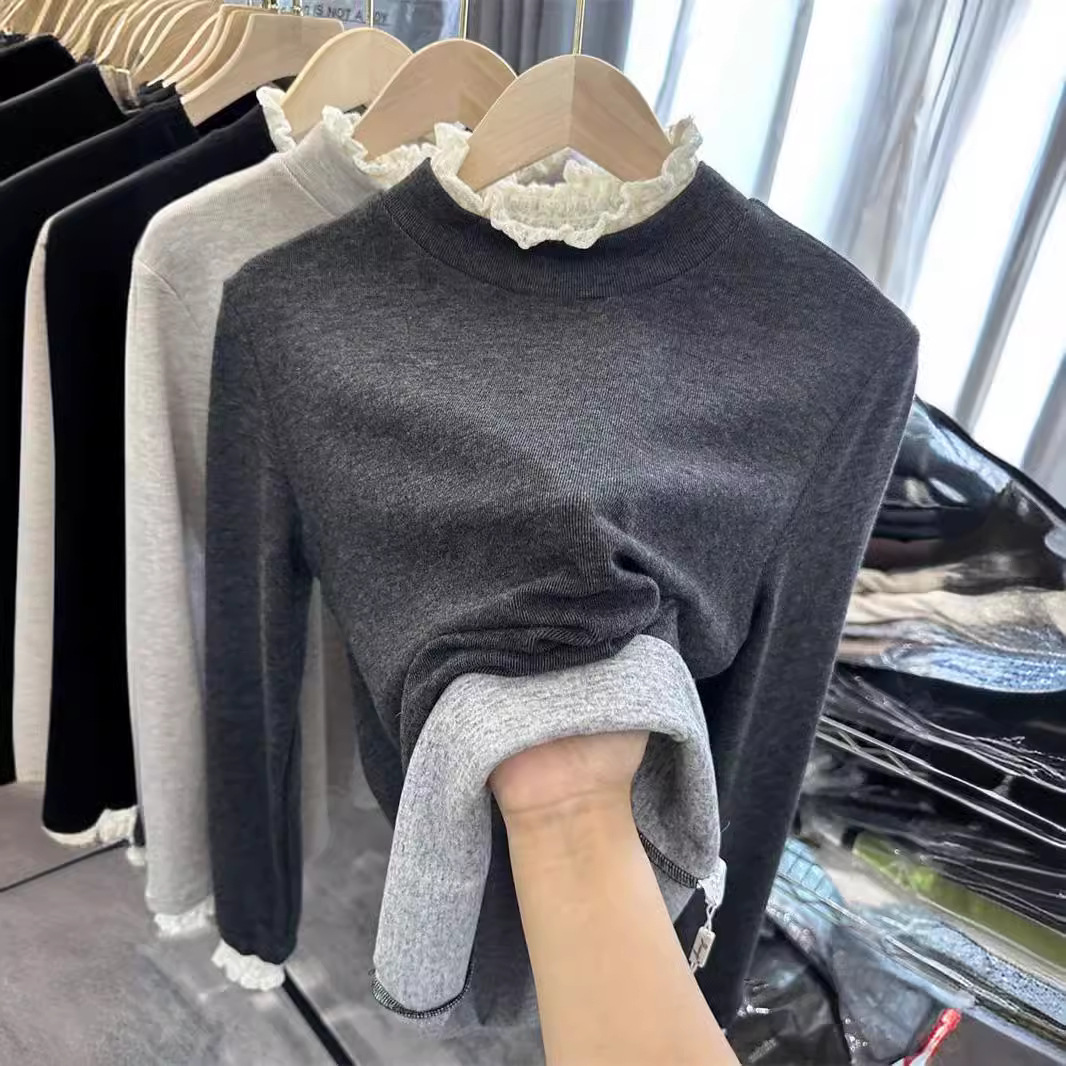 French-style Ear Fringed Warm Semi-high Neck Long-sleeved T-shirt Women's New Style Simple Style Base Shirt for Autumn and Winter 2024