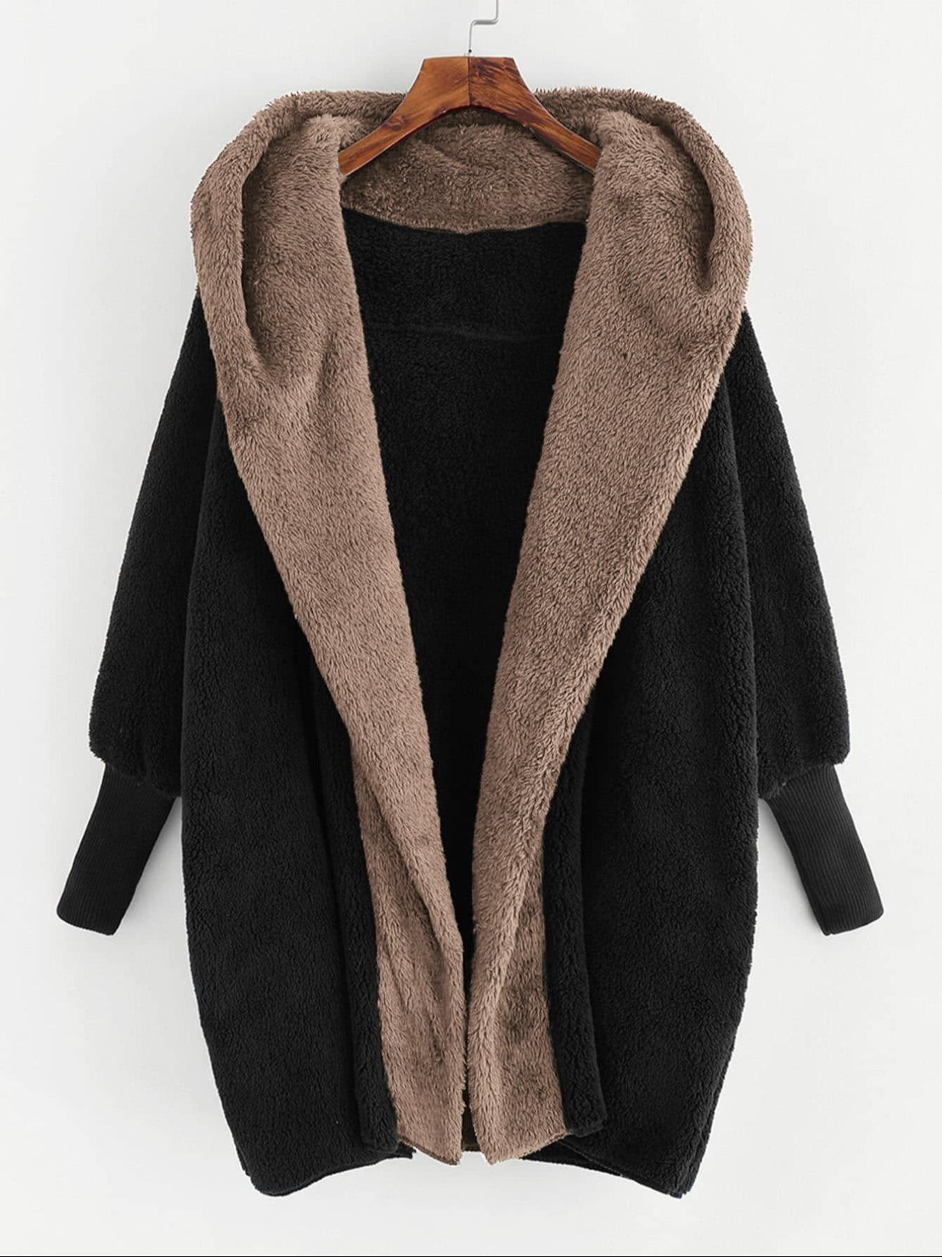 2024 European and American plush new foreign trade women's clothing Amazon cross-border color matching double-sided velvet hooded loose cardigan coat