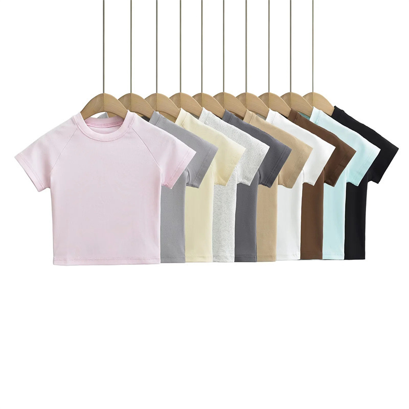 ins gentle style sweet niche solid color short-sleeved T-shirt fashionable round neck short slim fit slimming temperament inner wear for women