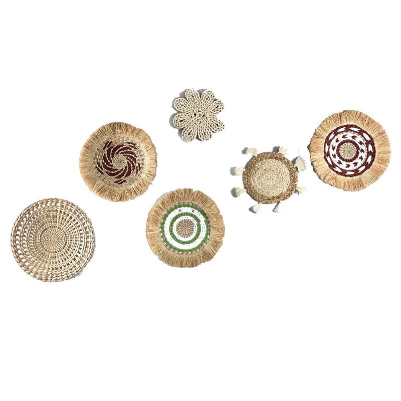 Picture of Bohemian style straw wall decoration living room background wall decoration ethnic round hanging decoration sofa bedside hanging decoration