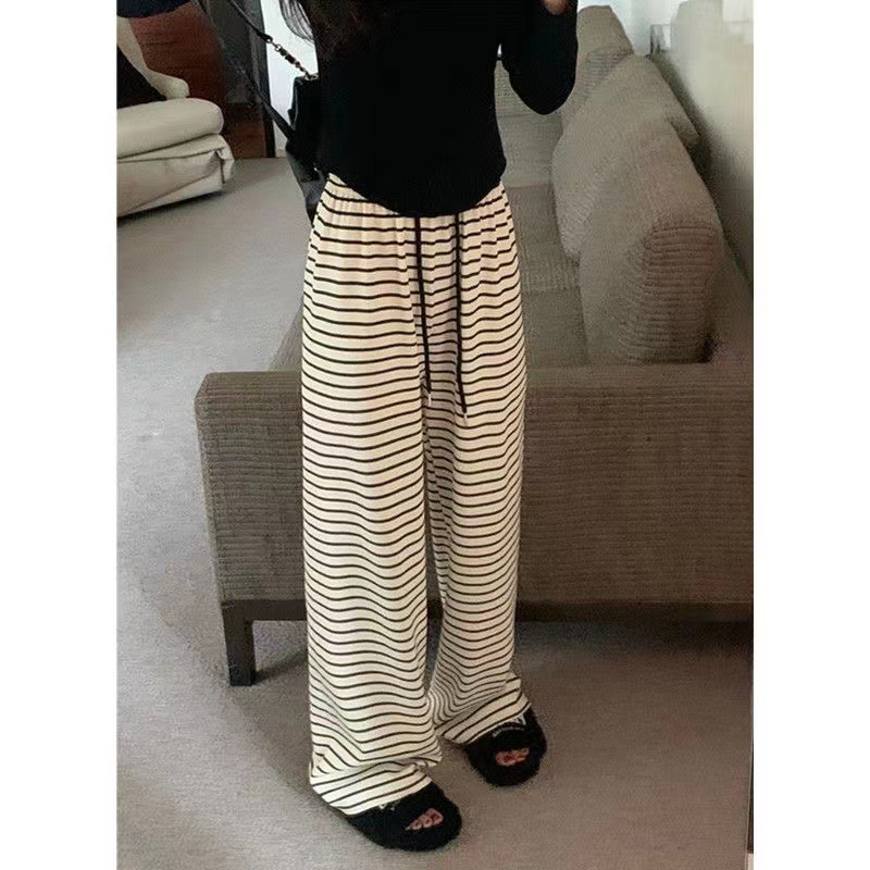 Elastic waist striped casual pants for women Spring 2023 new Korean style high waist slimming versatile wide leg sports mopping pants