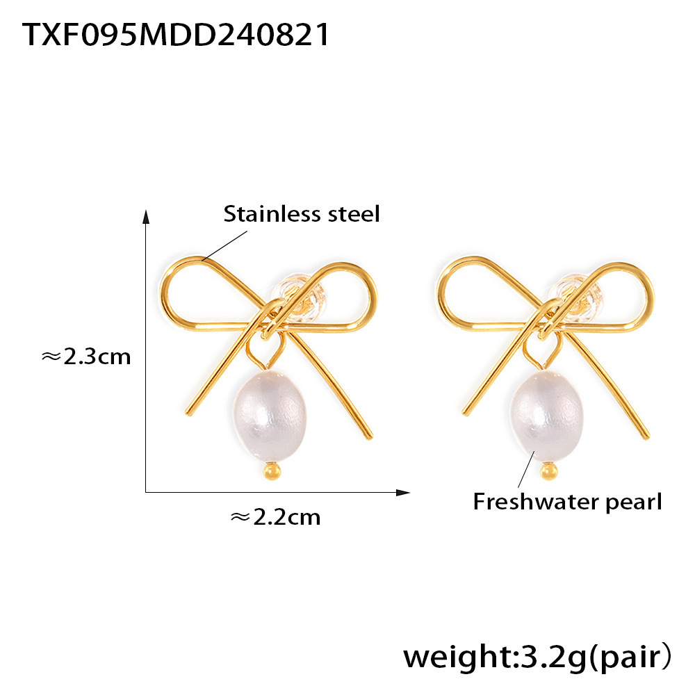Picture of French Hollow Bow Earrings Freshwater Pearl Rope Necklace Stainless Steel Sweet Temperament Girlfriend Gift suit