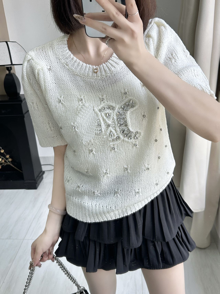 High-Quality 25 Spring New Trendy Brand Heavy Beaded Round Neck Pullover Knitted Short-Sleeved Age-Reducing Loose Versatile Top