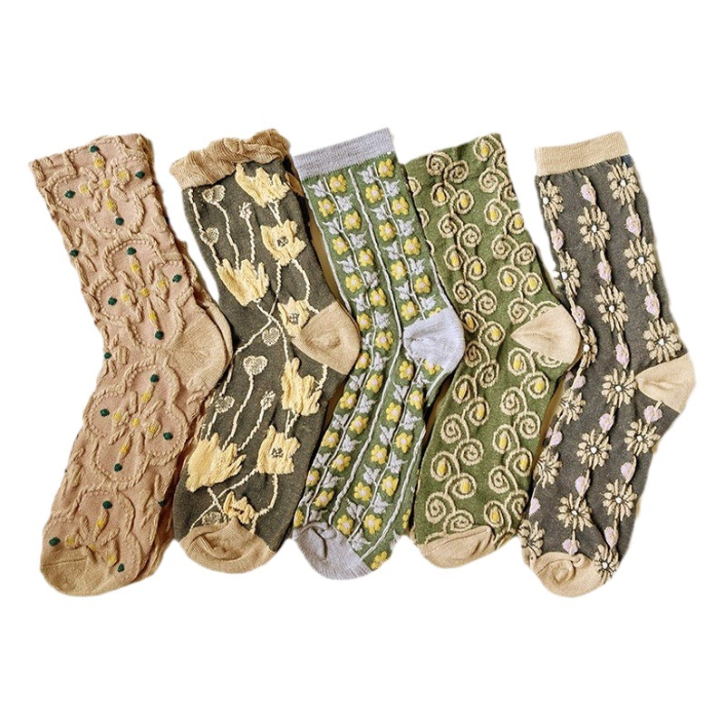 Retro ethnic style socks women's mid-calf length socks autumn and winter three-dimensional relief Brown artistic palace style floral women's socks